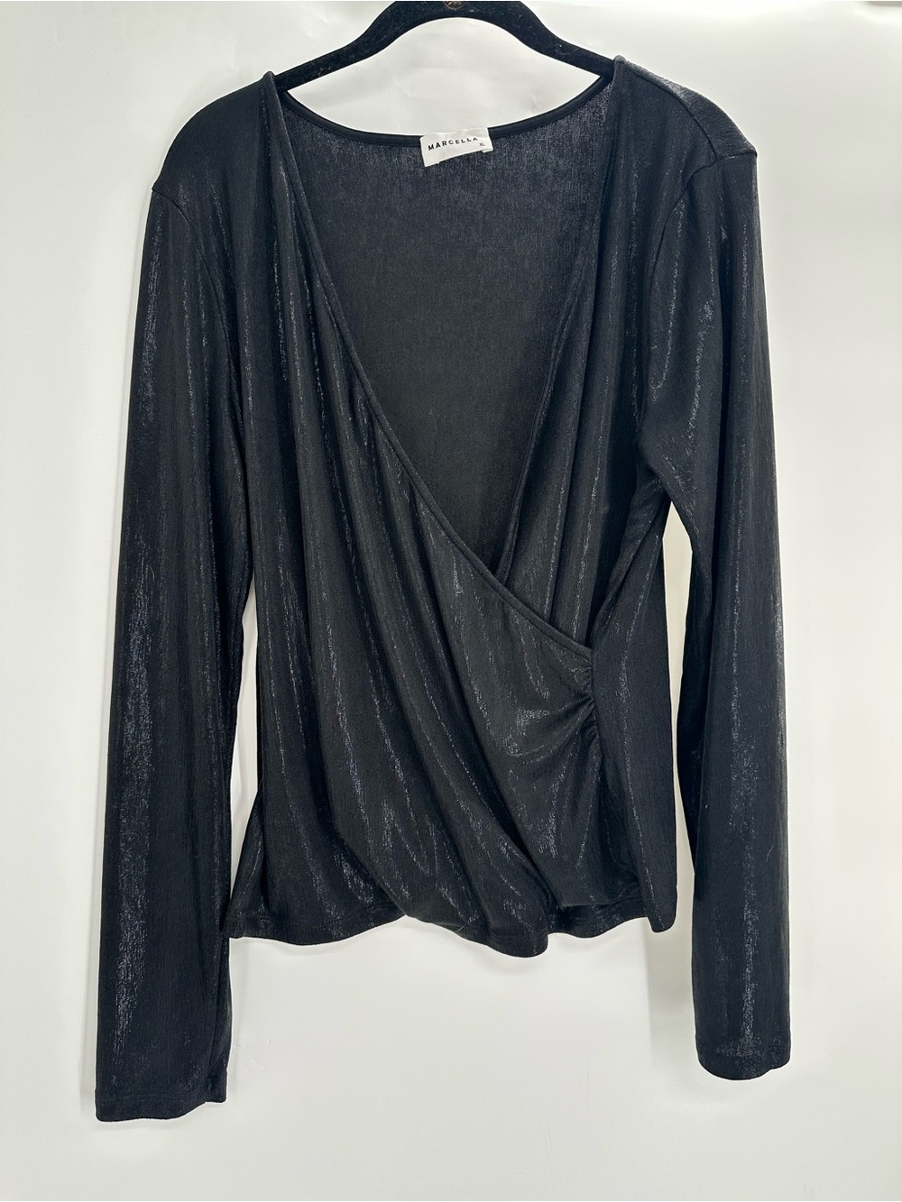 Marcella NYC Dulce Metallic Top Sparkly Lurex Long-Sleeve Wrap Top - Picture 5 of 10